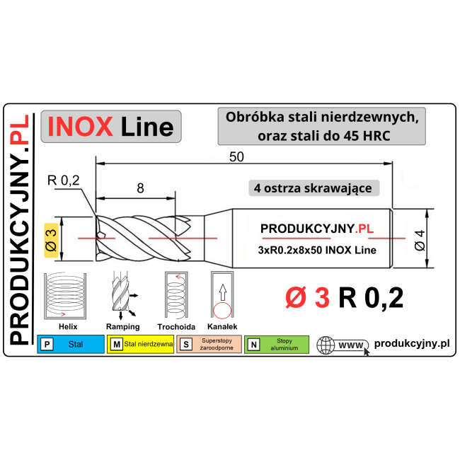 Frez z promieniem naroża fi 3 R0,2 INOX LINE
